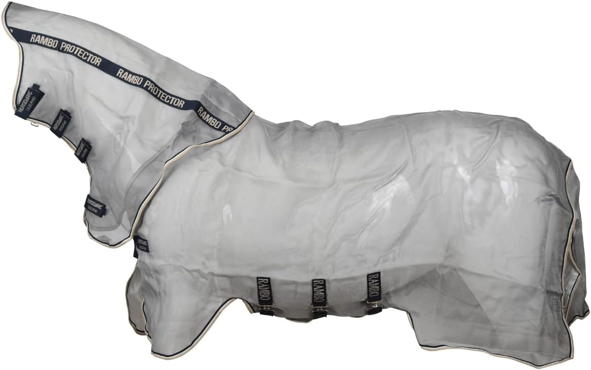Horseware Rambo Protector Fly Sheet front view on a horse showcasing the secure chest closure.
