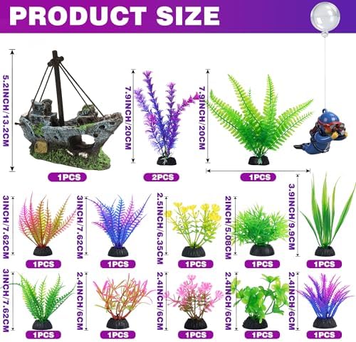 Thirteen pieces of artificial aquarium plants for betta fish tank decoration.