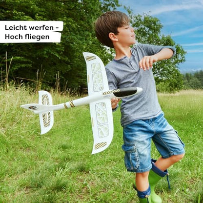 HABA toy airplane wingspan details featuring yellow and black caution stripes.