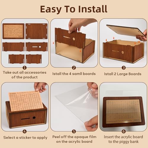 Zayeemi wooden savings challenge box with a marker crossing off cash goals.