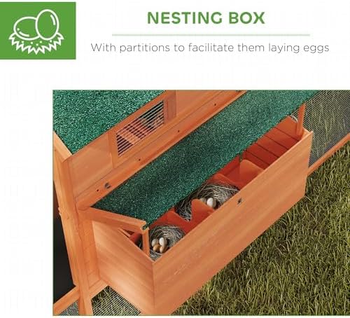 PawHut 137" Chicken Coop for 4-6 Chickens, Large Chicken House, Wooden Poultry Hen Cage with Nesting Box and Run for Backyard, Orange - Image 6
