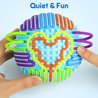 Compact spherical travel puzzle packed neatly inside its dark portable storage drawstring bag for easy carrying