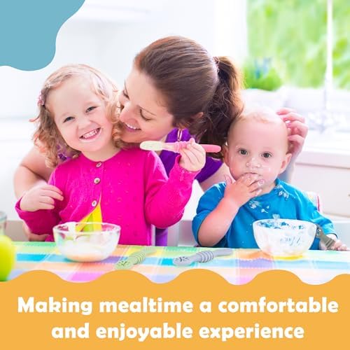 Infant self feeding utensils with ergonomic contoured handles for easy gripping.