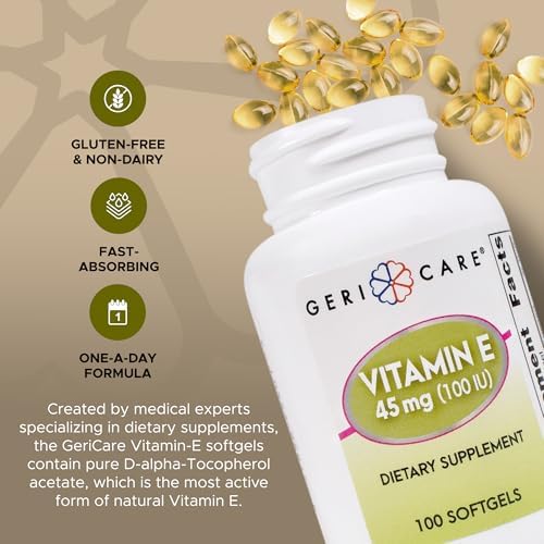 Close up of GeriCare vitamin E 100 IU softgel capsules poured out