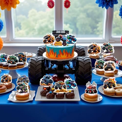 Vibrant monster truck themed party decorations for cupcakes