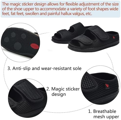 Adjustable magic sticker closure on wide width sandals for arthritis relief.