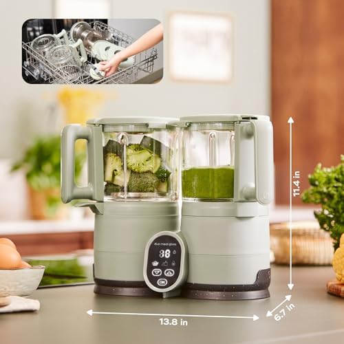 Dishwasher safe components of the Babymoov infant food processor being loaded into a drying rack