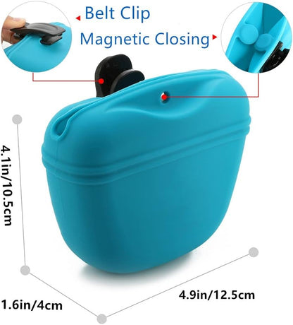 RoyalCare silicone treat pouch clipped onto a person waist belt during outdoor puppy training