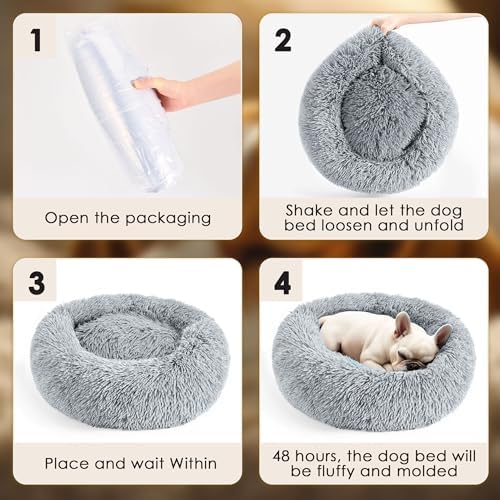 Hoewina Dog & Cat Bed for Indoor Cats, 20in Calming Donut Bed for Puppy and Kitten, Washable Round Fluffy Pet Bed for Small Medium Dogs and Cats (Light Grey) - Image 8