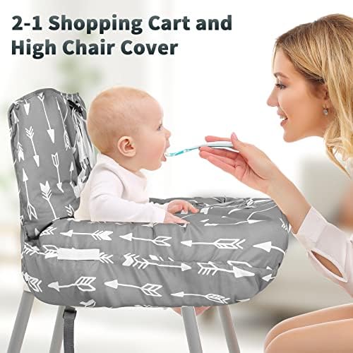 Yoofoss baby shopping cart cushion showing the toy loops and bottle strap features.