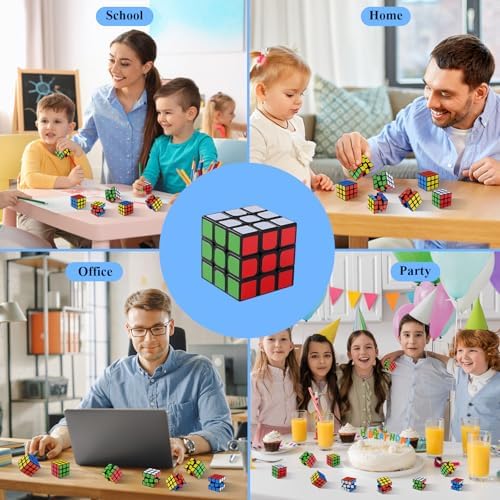 Several colorful Minntoy mini puzzle cubes scattered outside of their bulk retail box packaging.