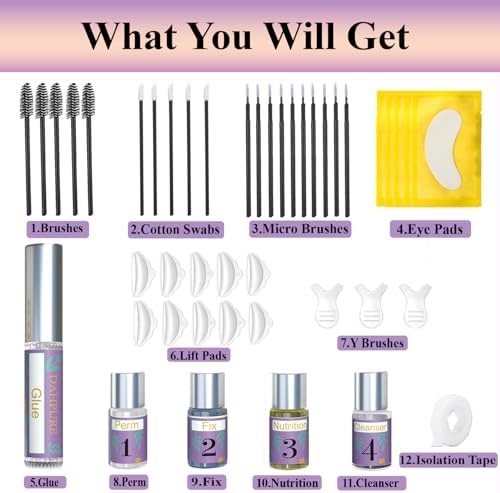 Dahpure 2 in 1 eyelash perm and brow styling kit numbered bottles showing steps one to four.