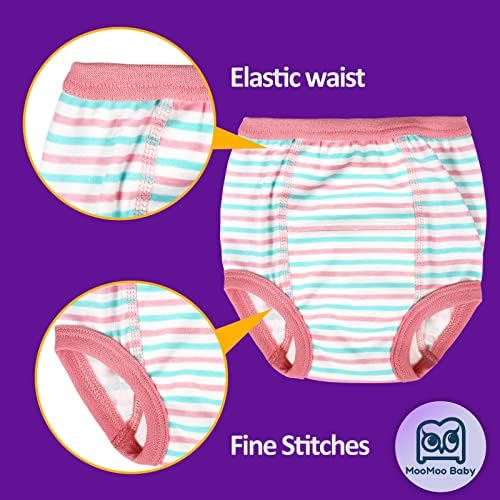 An eight pack assortment of MooMoo Baby absorbent training pants for girls and boys displayed together.
