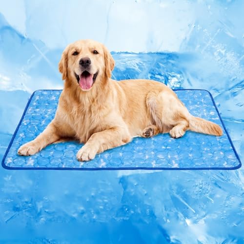Extra large self cooling pet pad spread flat on a living room hardwood floor