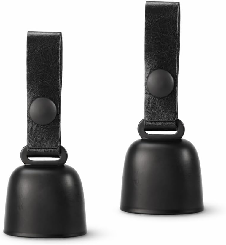 Kcrygogo All-Black Dog Bell Set front view showing matte black jingle bells and leather straps