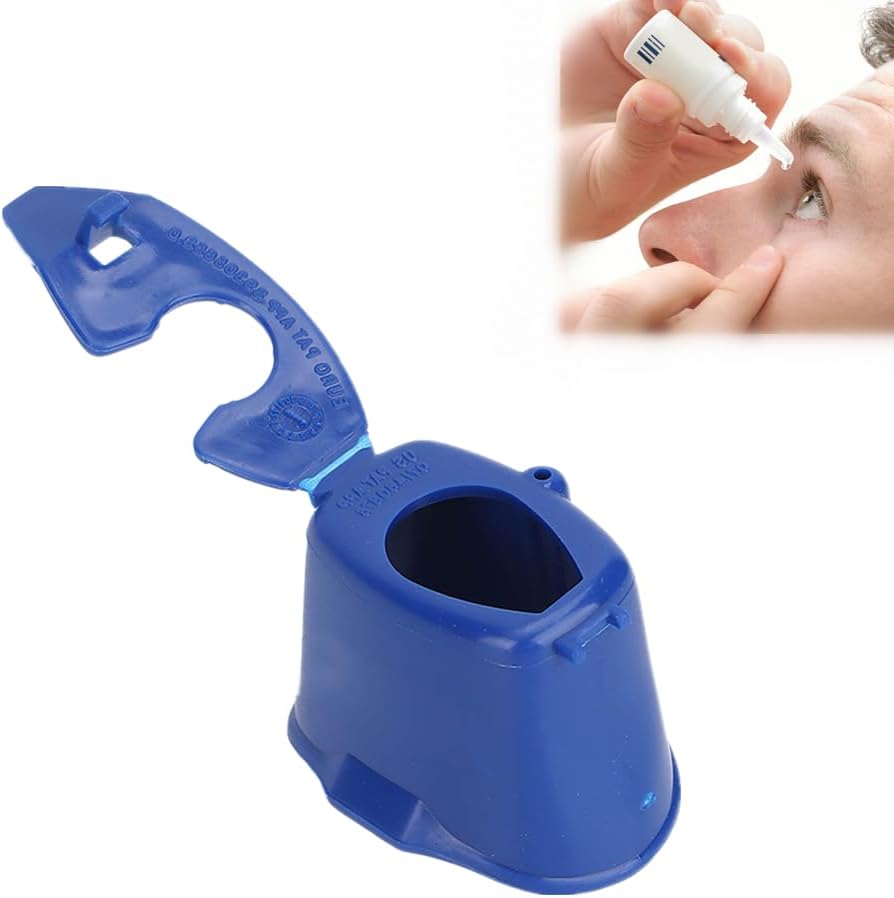 Dioche eye drop applicator front view showing blue plastic frame and ergonomic eye cup design