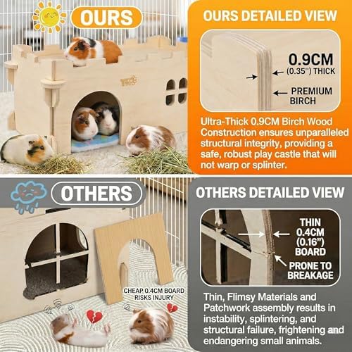 Castle Chinchilla House, Small Animal Hideout for Chinchilla, Guinea Pig, Hedgehog, or Rat, Ventilated Wooden Guinea Pig Hut Habitat with Multiple Doors (Large) - Image 4