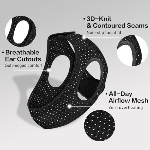 Two pack of adjustable blue and white mesh snoring straps.