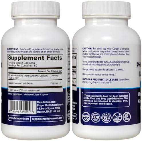 Supplement facts label on the back of Dr. Maxwell Phosphatidylserine and Bacopa Monnieri bottle.