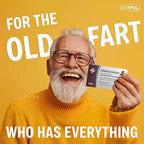 Side view of the OldFartamins novelty medicine box showcasing humorous warnings and product ingredients.