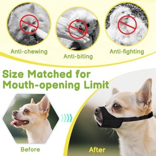 Small dog wearing black Mayerzon muzzle during grooming