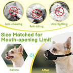 Small dog wearing black Mayerzon muzzle during grooming