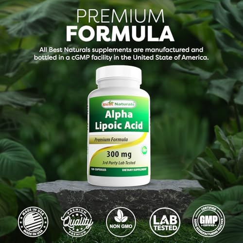 Detailed view of the supplement cap and safety seal on Best Naturals Alpha Lipoic Acid container.
