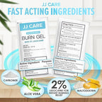 Individual 0.9 gram burn gel sachets with Lidocaine and Aloe Vera ingredients.