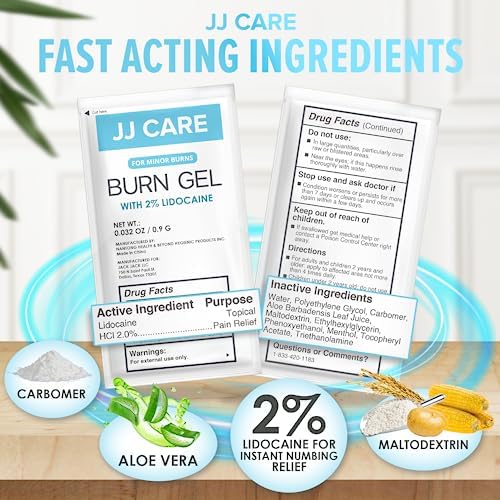 Individual 0.9 gram burn gel sachets with Lidocaine and Aloe Vera ingredients.