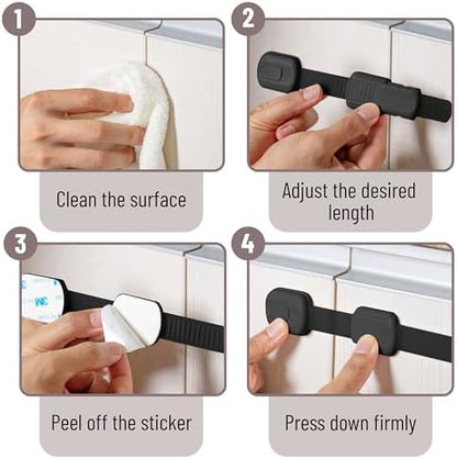 Black multi purpose baby safety lock installed on a kitchen refrigerator door