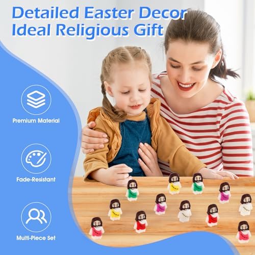 Several colorful tiny jesus toys placed on a tabletop as examples for an outdoor hide and seek event.