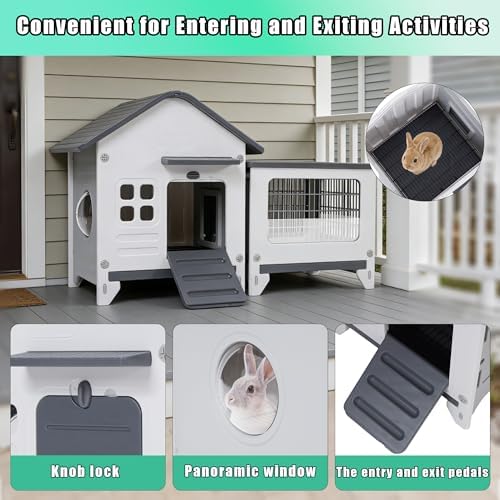 Rabbit Hutch Indoor & Outdoor with Extended Play Area, Plastic Rabbit Hutch with Sloped Roof Drainage, Panoramic Windows, Urine Barrier & Pull-Out Tray, Rabbit Cage with Run Easy to Clean and Assemble - Image 7