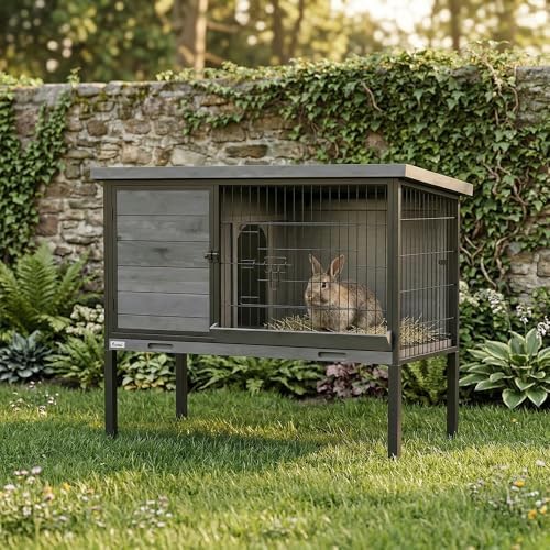 PawHut Elevated Rabbit Hutch with Pull-Out Tray, Wooden Bunny House Rabbit Cage for Outdoor Indoor Use, Openable Plastic Roof, Light Gray - Image 8