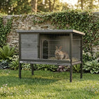 PawHut Elevated Rabbit Hutch with Pull-Out Tray, Wooden Bunny House Rabbit Cage for Outdoor Indoor Use, Openable Plastic Roof, Light Gray - Image 8