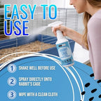 Authentic imported pet odor management spray bottle next to a clean small animal habitat
