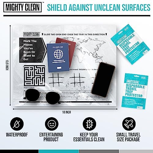 Mighty Clean travel tray cover spread over an airplane tray table showing printed games for kids.