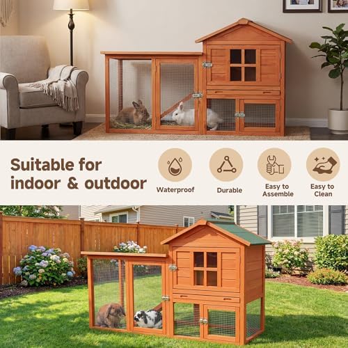 Large Outdoor Indoor Rabbit Hutch Wooden Bunny Rabbit Cage 2-Story with Run No-Leak Pull-Out Tray Waterproof Asphalt Roof Ramp for Guinea Pig Small Animal Wood Pet House Home Orange - Image 5