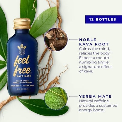 Botanic Tonics Feel Free Kava Mate liquid supplement poured over ice in a clear glass reflecting herbal ingredients
