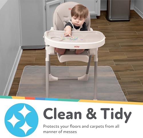 Close up view of a parent wiping food residue off the easy to clean waterproof high chair floor protector
