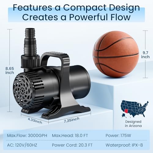 OYO Water 3000 gallons per hour fountain pump illustrating the pure copper coil and ceramic shaft motor engineering.