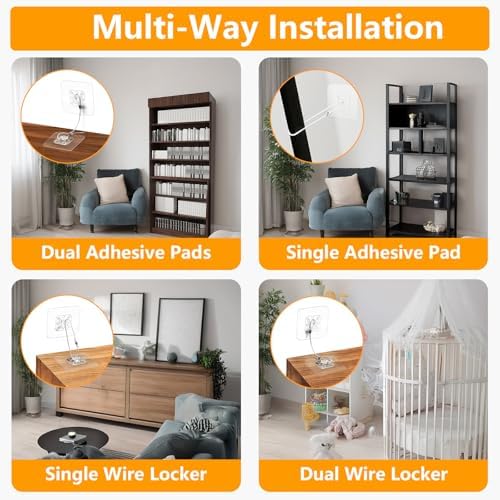 Adhesive anti-tip safety straps attached to a wooden dresser and a wall.