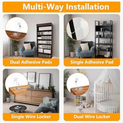 Adhesive anti-tip safety straps attached to a wooden dresser and a wall.