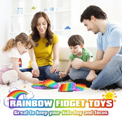 Vibrant multicolor silicone push pop sensory tools displayed flat to highlight the premium food grade material and geometric textures.