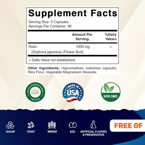 Vitamatic Rutin supplement bottle label showing 1000 mg serving size and antioxidant facts