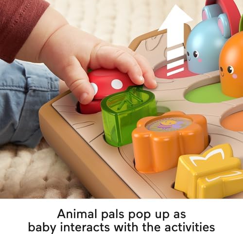 Close up view of the mechanical buttons and fabric details on the Fisher-Price pop up log toy