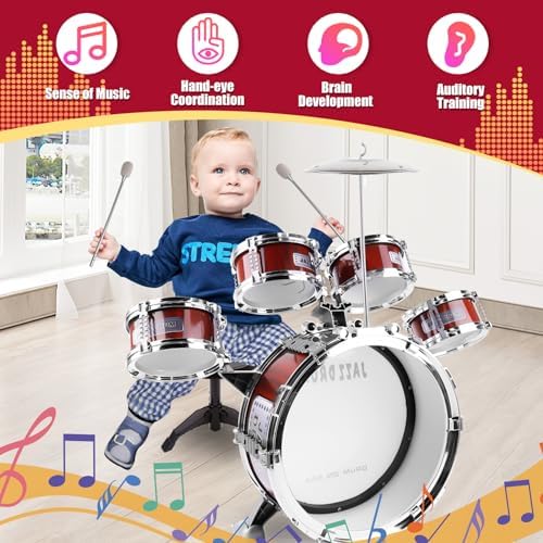 OoneWiser toddler drum kit showcasing the central bass drum and four surrounding small snare drums.