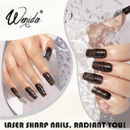 Close up of laser black glitter nail gel swatch texture