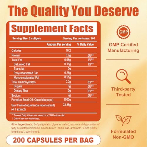 Side view of 200 count softgel bottle for hair and prostate health