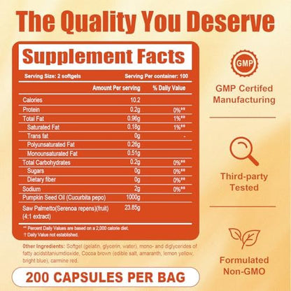 Side view of 200 count softgel bottle for hair and prostate health