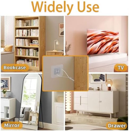 No-drill adhesive metal plates on the back of a flat-screen television for secure anchoring.